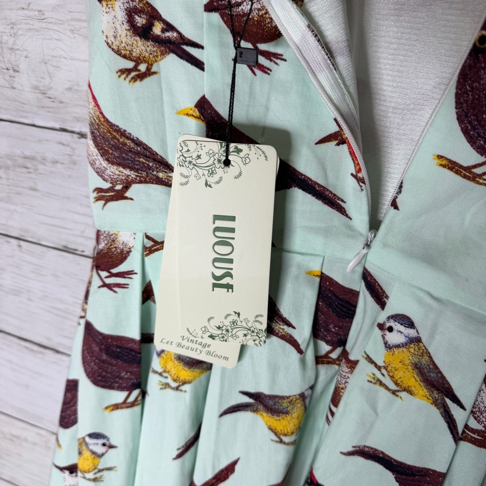 Luouse Retro Pinup Bird Print Fit And Flare Dress Mint Green Sleeveless Size Med - Picture 6 of 7
